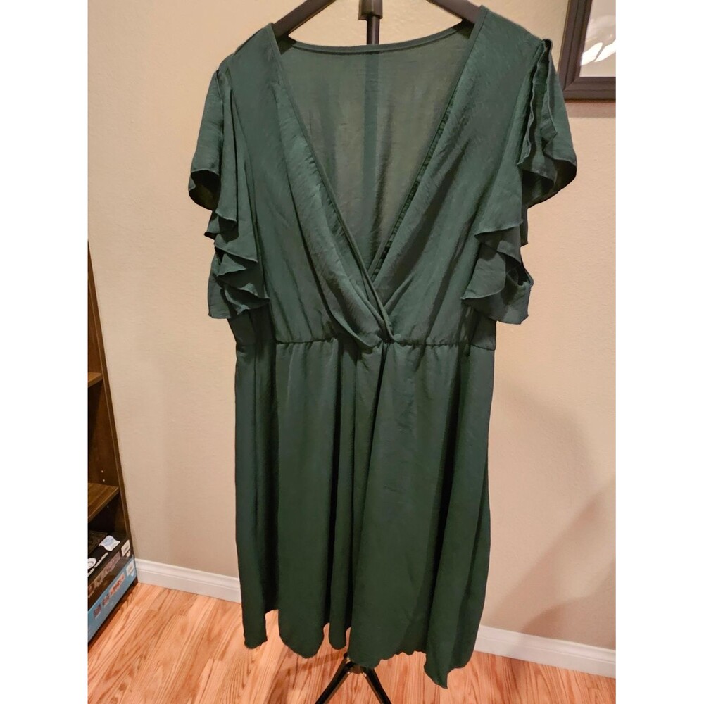 Shein Deep Green V-Neck Ruffle Sleeve Dress